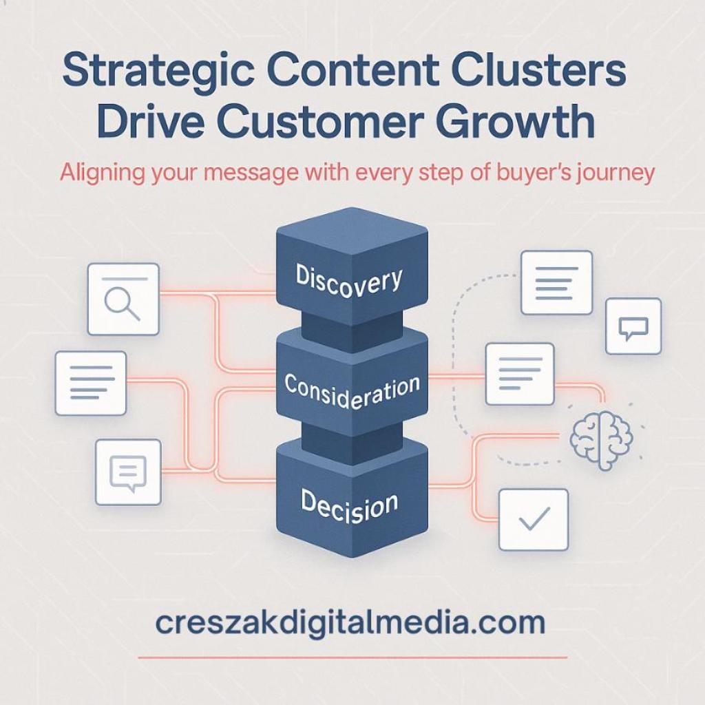 developing content clusters that address customer intent across purchase journey CresZak Digital Media builds content clusters that support SEO Services across the buyer journey.