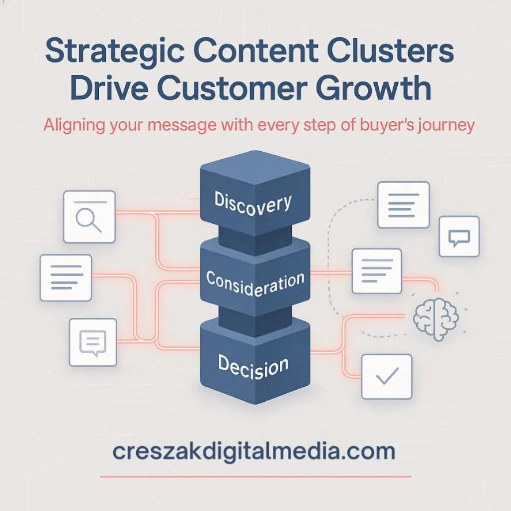 developing content clusters that address customer intent across purchase journey CresZak Digital Media builds content clusters that support SEO Services across the buyer journey.