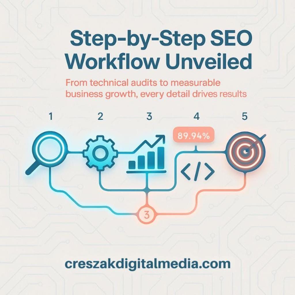 discovering our step-by-step seo workflow CresZak Digital Media outlines a clear step-by-step workflow for effective SEO Services.