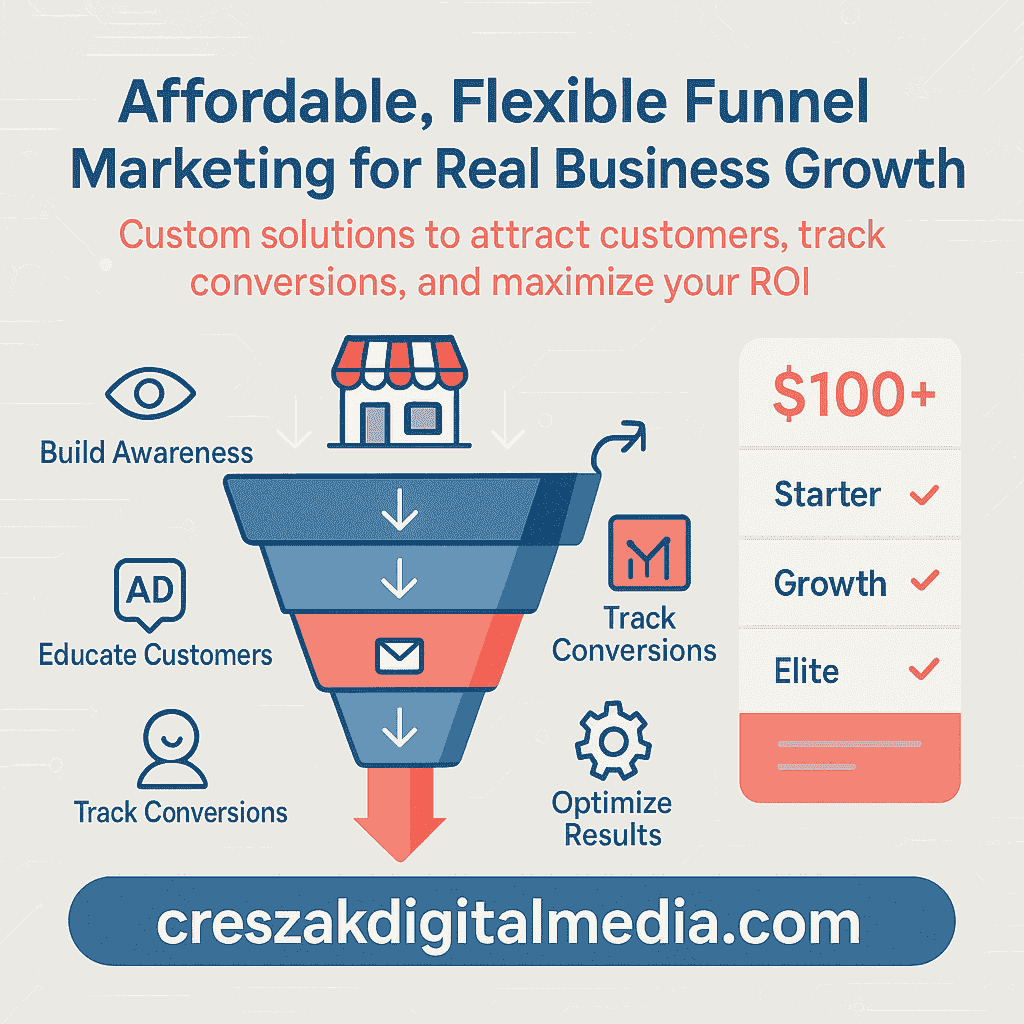 affordable and flexible funnel marketing solutions designed for your business growth Affordable and flexible Funnel Marketing Services designed for scalable business growth by CresZak Digital Media